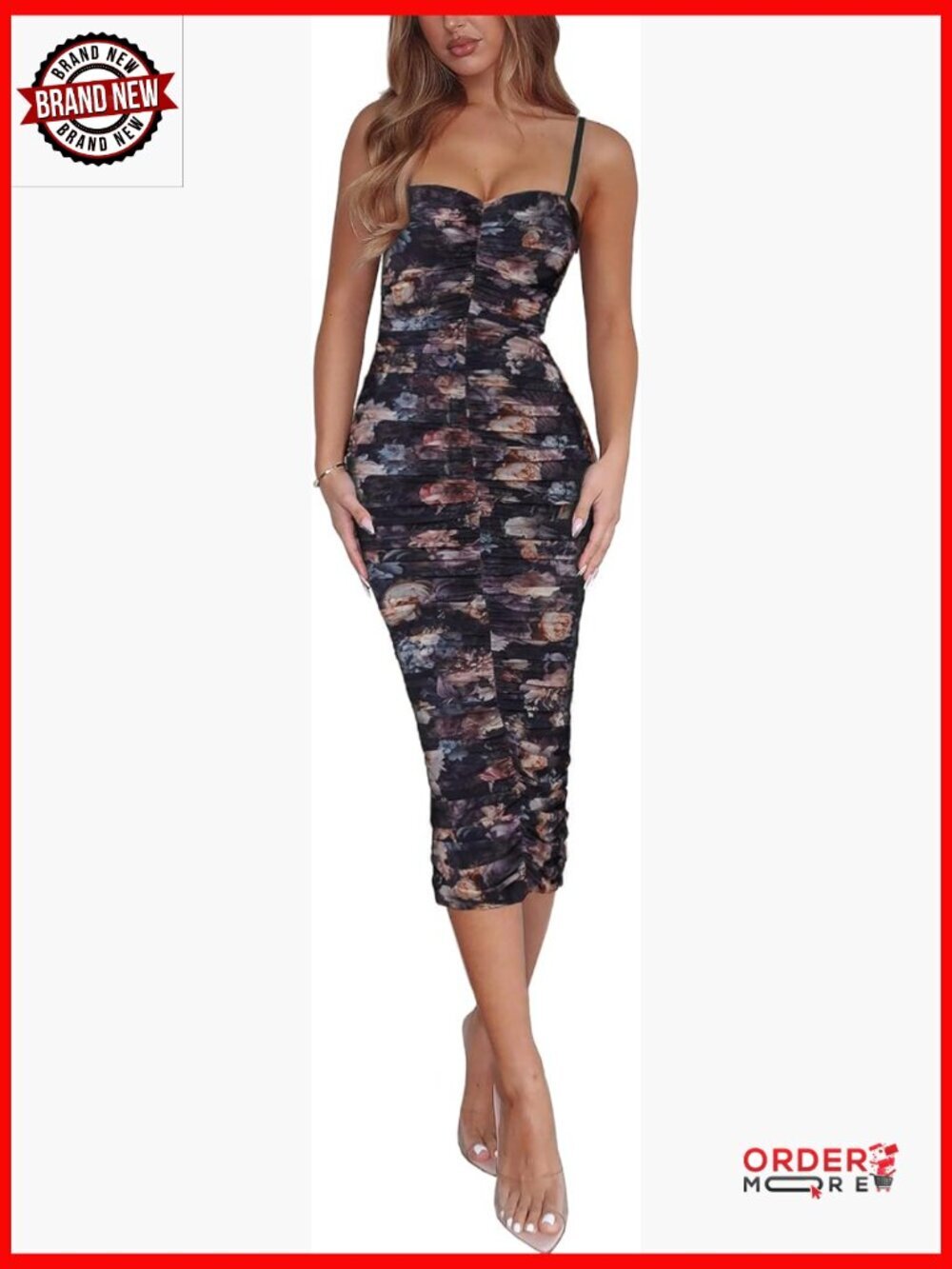 Ruched Bodycon Midi Dress Sheer Mesh Backless Sleeveless Cocktail Party